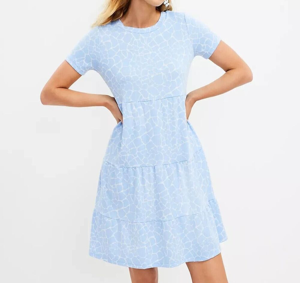 Ann Taylor LOFT Blue Animal Print Tiered Swing Dress w/Pockets size L New!